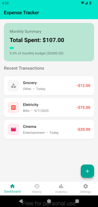 Budgetify home screen showing the monthly spending summary